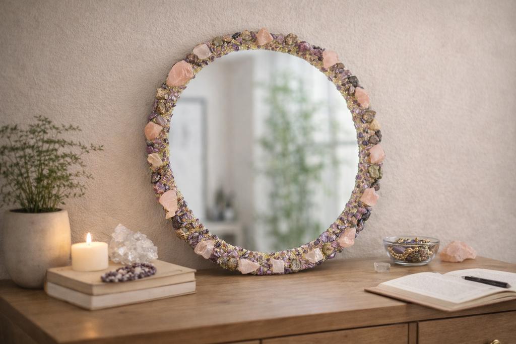 Hu3 Matter™ Rose Quartz, Amethyst, Peridot Aura Mirror — Crystal-Trimmed Wall Mirror
