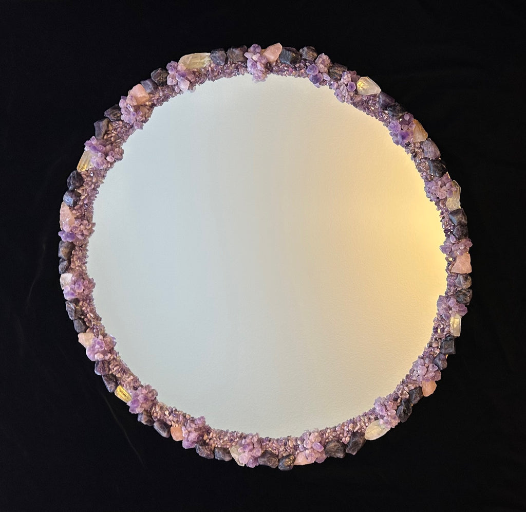 Hu3 Matter™ Amethyst, Rose and Clear Quartz Aura Crystal Mirror – Hand-Adorned Gemstone Frame Wall Mirror