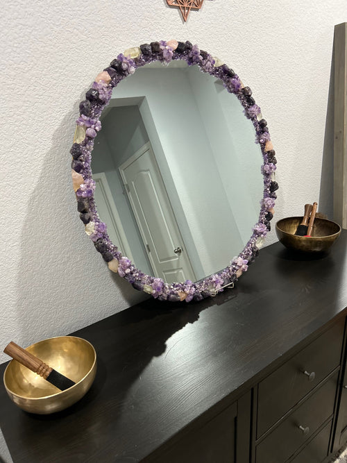 Hu3 Matter™ Amethyst, Rose and Clear Quartz Aura Crystal Mirror – Hand-Adorned Gemstone Frame Wall Mirror