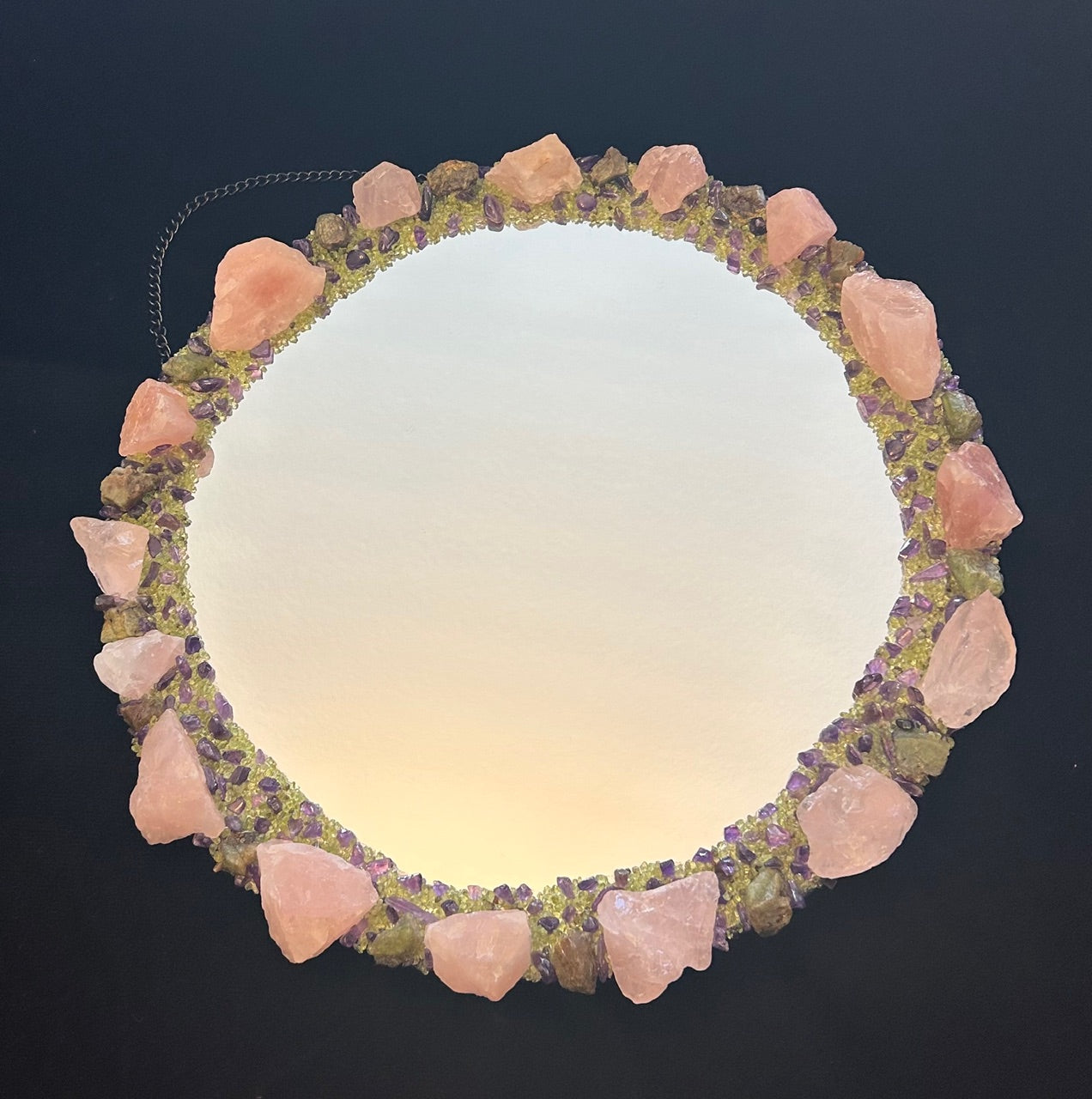 Hu3 Matter™ Rose Quartz, Amethyst, Peridot Aura Mirror — Crystal-Trimmed Wall Mirror